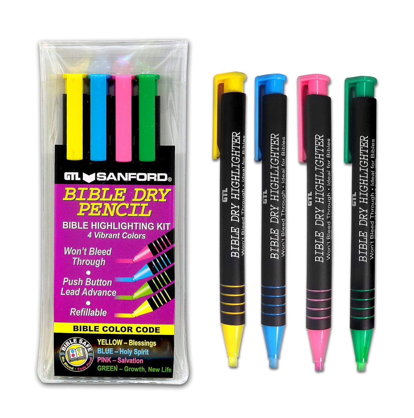 G.T. Luscombe Company, Inc. Bible Dry Highlighting Kit | No Bleed Eco-Friendly Refillable Dry Highlighters | No Sharpening | No Smearing or Fading | Yellow, Blue, Pink, Green (Set of 4)