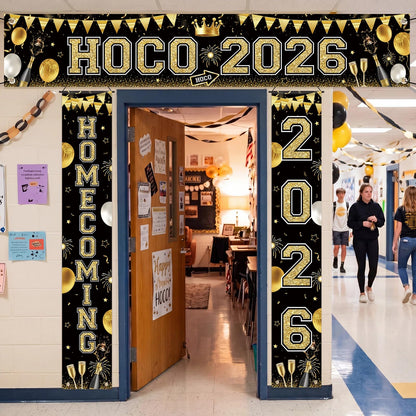 Fanfanwin 3 Pcs Hoco 2026 Banner Decorations for Hoco Party 2026 Black and Gold Homecoming 2026 Banner Yard Decorations for Homecoming Dance Party Background Supply