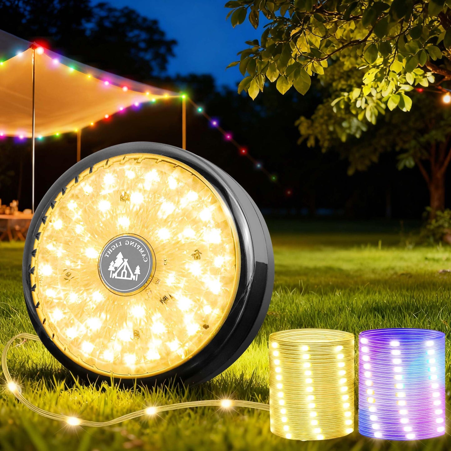 Bylitodt Camping String Lights, 32.8ft RGB Retractable Tent String Lights
