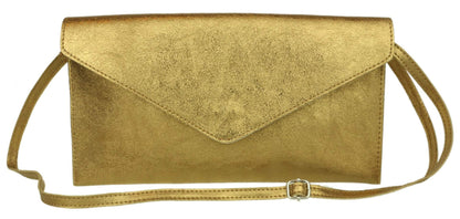 Girly HandBags Womens Italian Suede Leather Envelope Clutch Bag (Metallic Old Gold)
