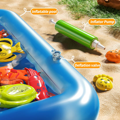 PEADUCK Magnetic Fishing Game Pool Toys Set for Kids 3-5, Water Table Bathtub Toys with Inflatable Pool Pole Rod Net Plastic Floating Fish, Outdoor Toys for Kids Boys Girls Age 3 4 5 6 7 8 Year Old