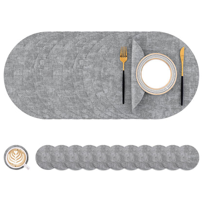 Homaxy Round Faux Leather Placemats and Coasters, Washable Dual-Side Table Mats, Wipeable Heat-Resistant Dining Place Mats for Outdoor and Indoor, Set of 12, Diameter 13 and 3.93 inch, Light Grey