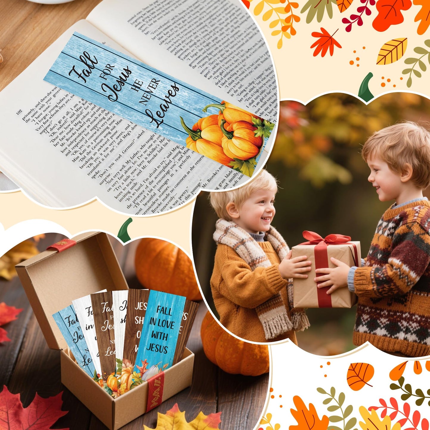 TICIAGA Fall Pumpkin Bible Bookmarks - 120Pcs Fall for Jesus He Never Leaves Religious Bible Verse Bookmarks, Autumn Pumpkins Page Marker for Book Lovers, Christian Church Giveaways for Sunday School