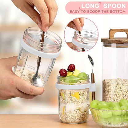 16oz Glass Mason Overnight Oats Jars, Cereal, Yogurt, Salad Lunch,Glass Overnight Oats Containers with Lids and Spoon, Container with Measurement Marks - (Grey&White-2Pcs)
