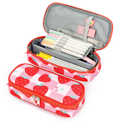 mibasies Girls Pencil Case for Kids, Multi-Slot Pencil Pouch, Strawberry Checkerboard Red