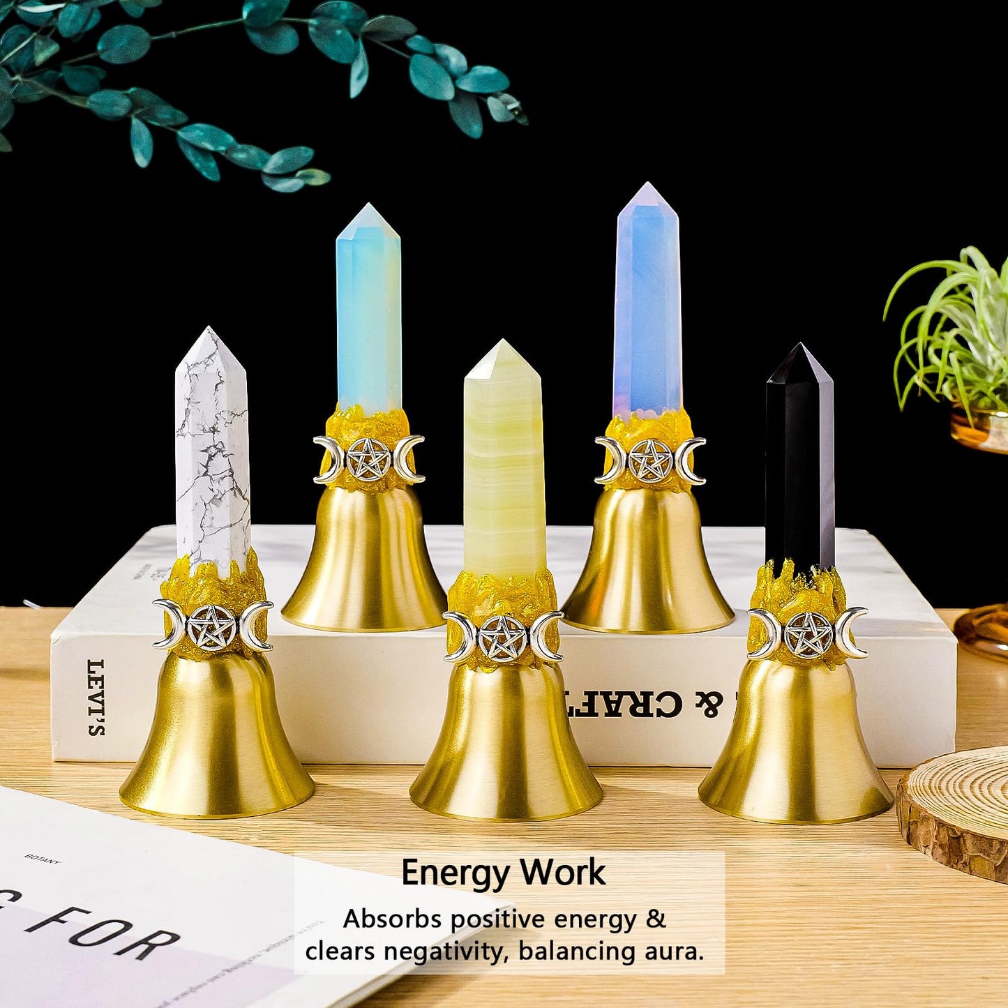 Handbells Altar Bells Natural Crystal Tower Bell Witch's Bells Hand Bell Loud Brass Call Bells for Meditation, Prayer, Reception, Pet Feeding and Home Decoration (Afghan Jade, 4.53")
