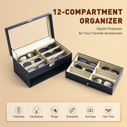CO-Z Sunglasses Organizer with 12 Slots, Multiple Eyeglasses Eyewear Display Case for Women Men, 2 Story Leather Multi Sunglasses Jewelry Collection Holder with Drawer