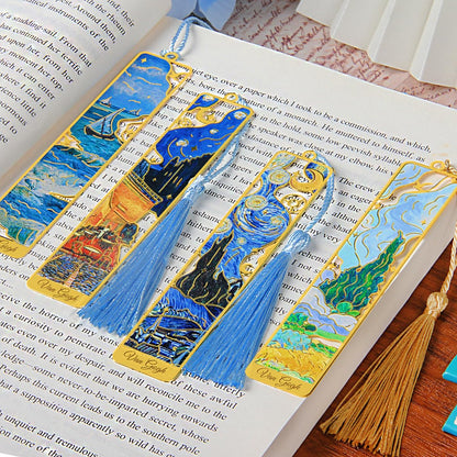 KInsound 8pcs Metal Bookmarks with Tassel, Golden Van Gogh Monet Oil Painting Theme Cute Book Markers for Reading Women, Men, Kids, Book Lovers, Reading Accessories Gifts for Book Lovers