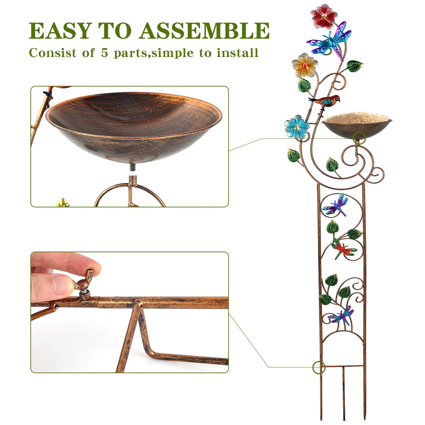 YADOOLIFE 57” Bird Bath with Garden Trellis for Climbing Plants Outdoor, Small Decorative Trellises Metal Birdbath Bird Baths, 1 Piece (Dragonfly)