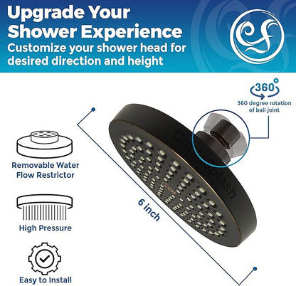 High Pressure Shower Head - Anti-Clogging Silicone Nozzles 2.5 GPM Removable Restrictor - Easy to Clean and Install - Includes Plumbers Tape - 6 inch - (Oil Rubbed Bronze 2.5GPM)