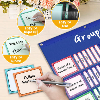 AKAYOK Small Group Pocket Chart with 84 Colorful Dry Erase Cards, Classroom Jobs Chart with 6 Pocket Wall Hanging File Folder, Pocket Chart for Classroom,Office,Home, Small Group Classroom Must Haves