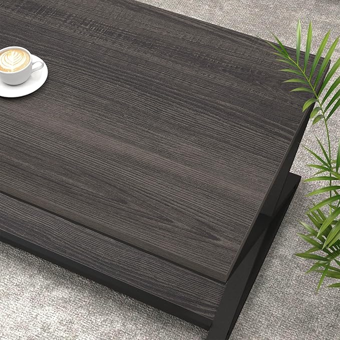 HSH Gray Coffee Table for Living Room, Minimalist Rectangle Center Table with Storage Shelf，Industrial Dark Wood and Metal Cocktail Tea Table, Office Simple 2 Tier Display Coffee Table, 47 Inch