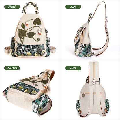 Girl's Convertible Sling Bag, Hand Craft Artisan Purse, Beautiful Canvas Premium Casual Day Mini Backpack for Women (Green Marsh)