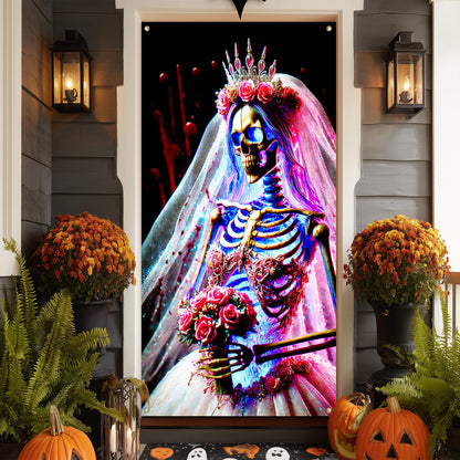 IVN Gothic Bride Skeleton Door Cover 35x71 Inch Dark Wedding Skull Crown Veil Rose Flowers Horror Blood Splatter Backdrop Halloween Front Door Decor Creepy Bridal Banner Scary Party Decoration