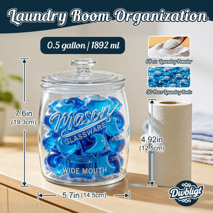 Dwbligt Half Gallon Cookie Jar, Glass Flour Sugar Storage Container for Kitchen Pantry & Laundry Room,Wide Mouth Mason Jar for Sourdough Starter, Candy, Flour, Dog Treats, Coffee - Set of 1