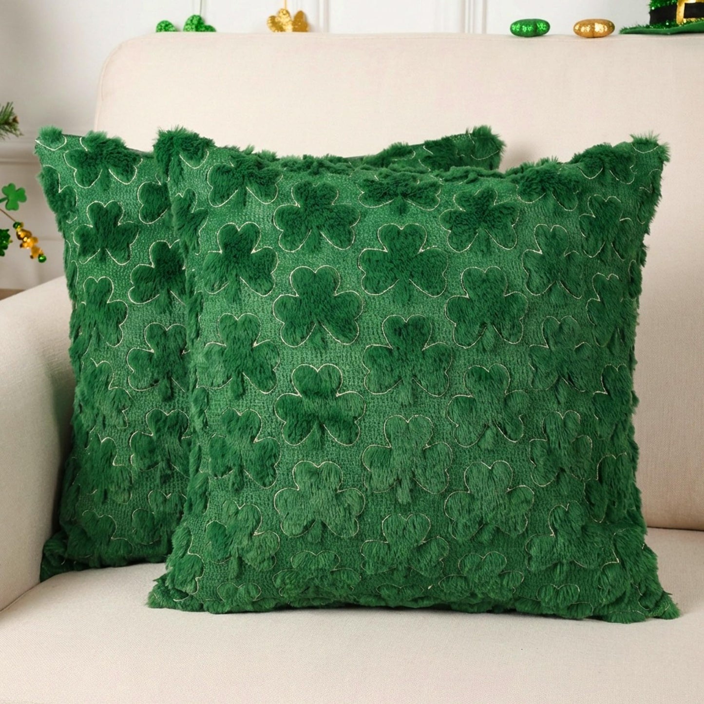 Vermeyen St Patricks Day Pillow Covers 16 x 16 inch Set of 2 3D Embroidered Shamrock Pillow Soft Plush Faux Fur St Patricks Day Decorations for SOFE Bedding Holiday