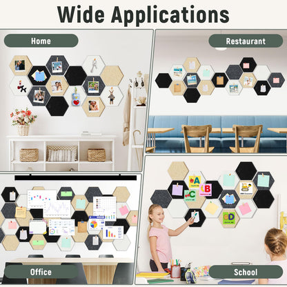 16Pcs Hexagon Felt Cork Board Tiles Self Adhesive Hexagon Wall Tiles with 60 Push Pins 20 Wooden Clips DIY Bulletin Board Pin Boards for School Office Home Photos Memos Display (Black Grey)