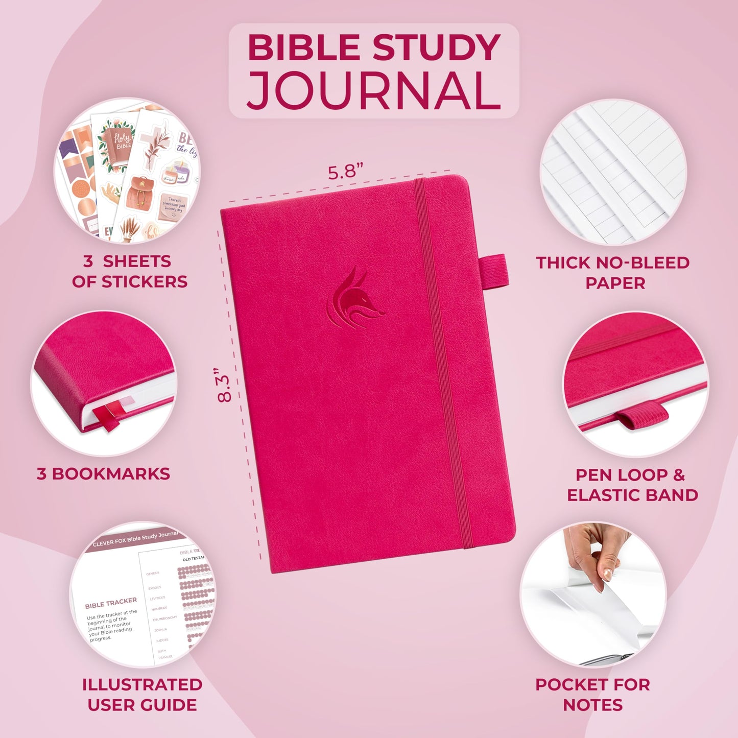 Clever Fox Bible Study Journal – Church Notes Notebook – Note Taking & Journaling Kit – Faith Based Religious Gifts & Accessories (Fuchsia)