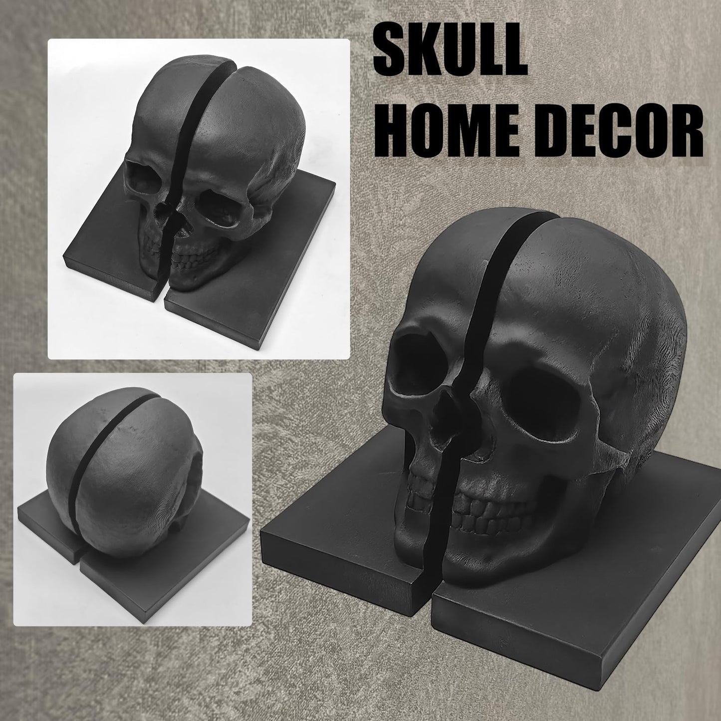 LuckyVin Black Skull Head Skeleton Decorative Statue Unique Design Split Resin Sculpture Home Decoration Gothic Art Piece Halloween Decor (Black)