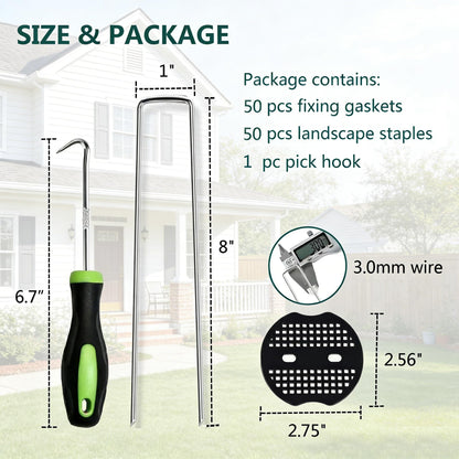 8 Inch 50 PCS Galvanized Landscape Staples with 50 PCS Gasket, Landscape Fabric Pins Stakes Lawn Ground Cover Graden Staples Spikes Weed Barrier Stakes