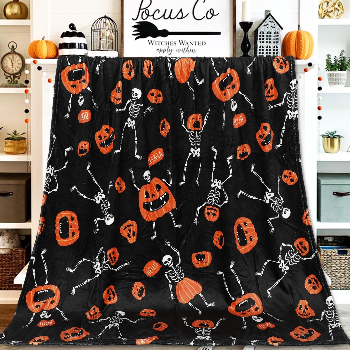 Whaline Halloween Fuzzy Flannel Blanket 50 x 60 Inch Evil Pumpkin Face Skeleton Decorative Throw Blanket for Holiday Home Chair Soft Couch Bed