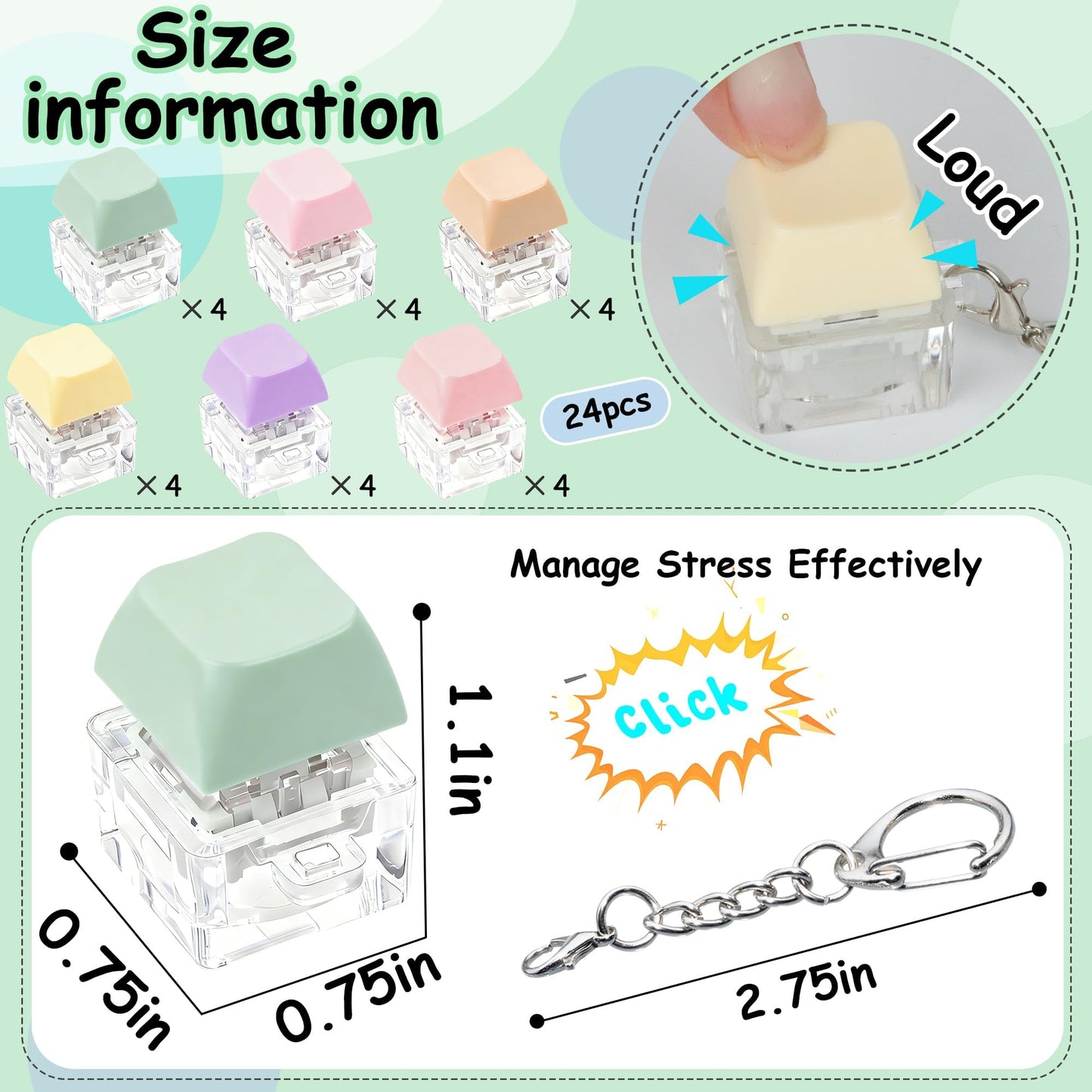 24 Pcs Macaron Keyboard Fidget Toy for Adult Kids Stress Relief, Fidget Keychain Keyboard Decompression Button Finger Clicker Toys, Button Stress Relief Fidget Gifts Birthday Party Favors Goodie Bag