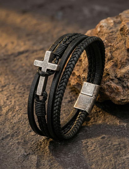 Mrcaois Retro Black Leather Bracelet Men, Vintage Cross Charm Bracelets - Genuine Leather Woven Strap for Graduation - Black, 8.3 Inch