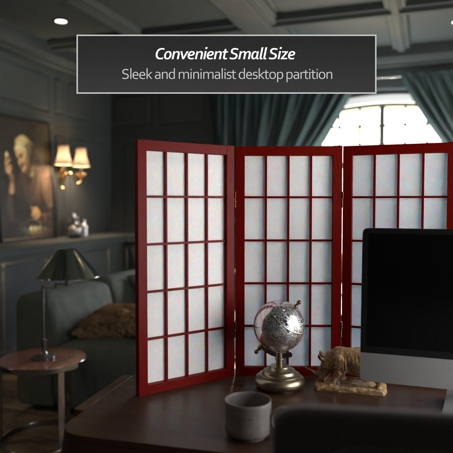 2 ft. Short Desktop Window Pane Shoji Screen - Rosewood - 3 Panels