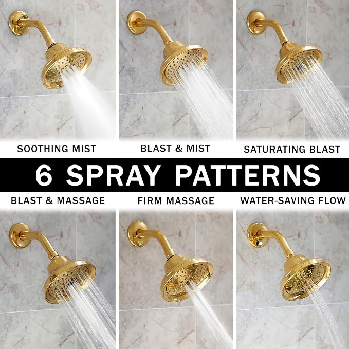 Aqua Elegante Massage Shower Head With Mist - High Pressure Boosting, Adjustable Massaging Rainfall Showerhead For Low Flow Showers With Water Saving Nozzles - 2.5 GPM - Polished Brass