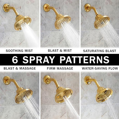 Aqua Elegante Massage Shower Head With Mist - High Pressure Boosting, Adjustable Massaging Rainfall Showerhead For Low Flow Showers With Water Saving Nozzles - 1.8 GPM - Polished Brass