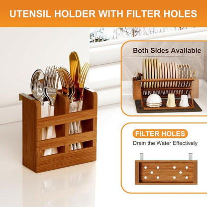 Greenual Teak Dish Drying Rack with Utensil Holder, 3 Tier Collapsible Dish Rack, Wooden Dish Racks for Kitchen Counter, Large Folding Drying Holder with Absorbent Dish Drying Mat