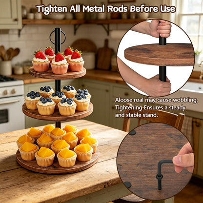 LZelriy Cupcake Stand, 2 Pack Rustic Wood Cake Stand, 3 Tier Cupcake Tower Round Tiered Tray Stand for Dessert Table Display, Industrial Wooden Serving Stand Wedding, Graduation and Baby Shower