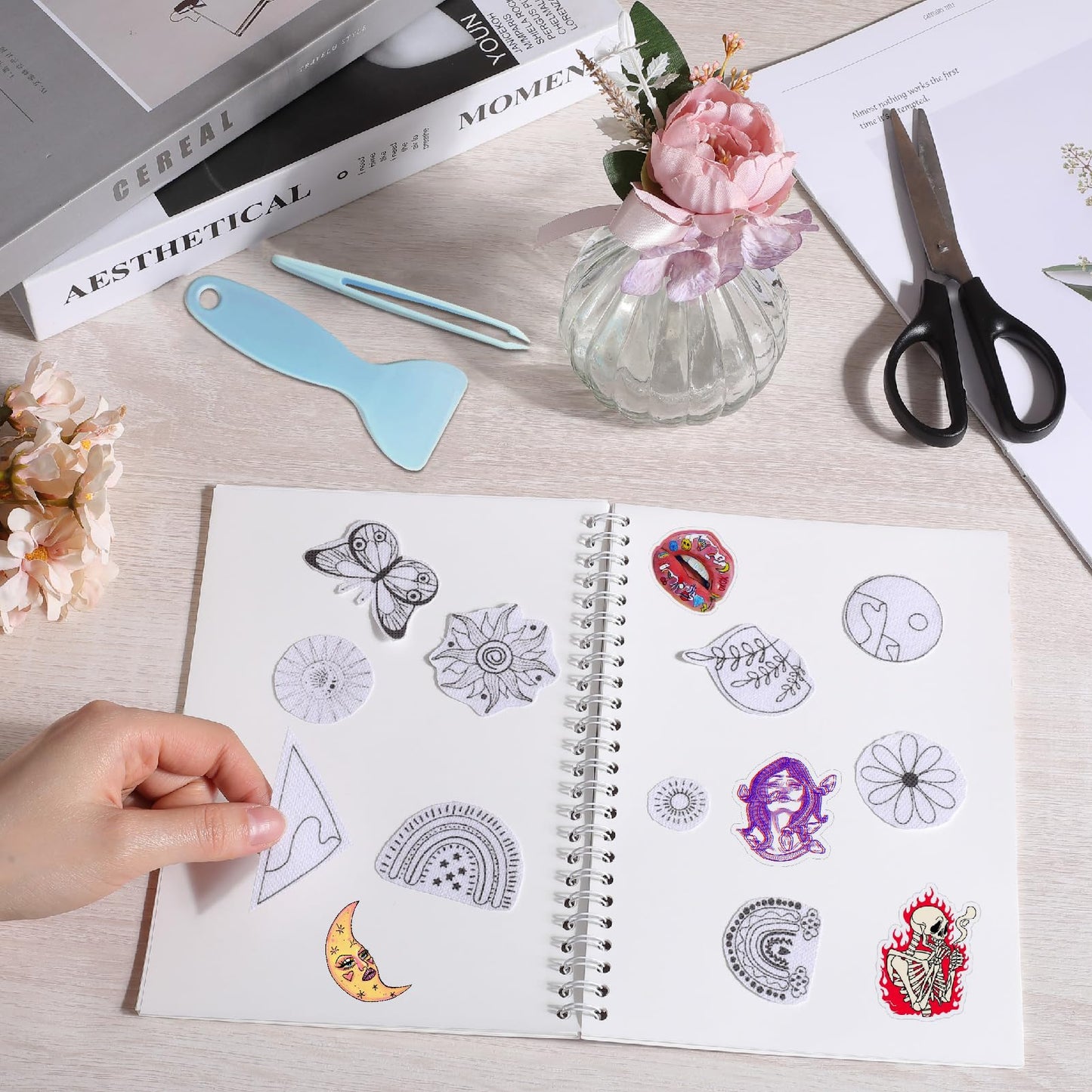 CRASPIRE 40 Sheets Reusable Sticker Storage Book Album A5 Size Blank Sticker Album Organizer Moth Insects Cover Waterproof Release Paper with Scraper Tweezer for Label