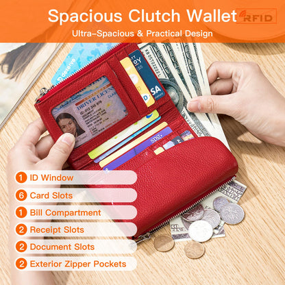 Genuine Leather Wallet for women, RFID Blocking Soft Leather Bifold Compact Card Holder Wallet with Zipper Coin Pocket ID Window (Black)