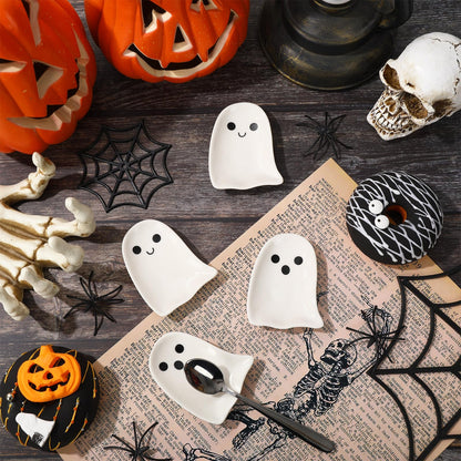 Whaline 4Pcs 2.8inch Mini Ceramic Spoon Rests White Ghost Small Coffee Spoon Holder for Halloween Coffee Stirrers Teaspoon Bar Spoon Coffee Station Bar Accessories
