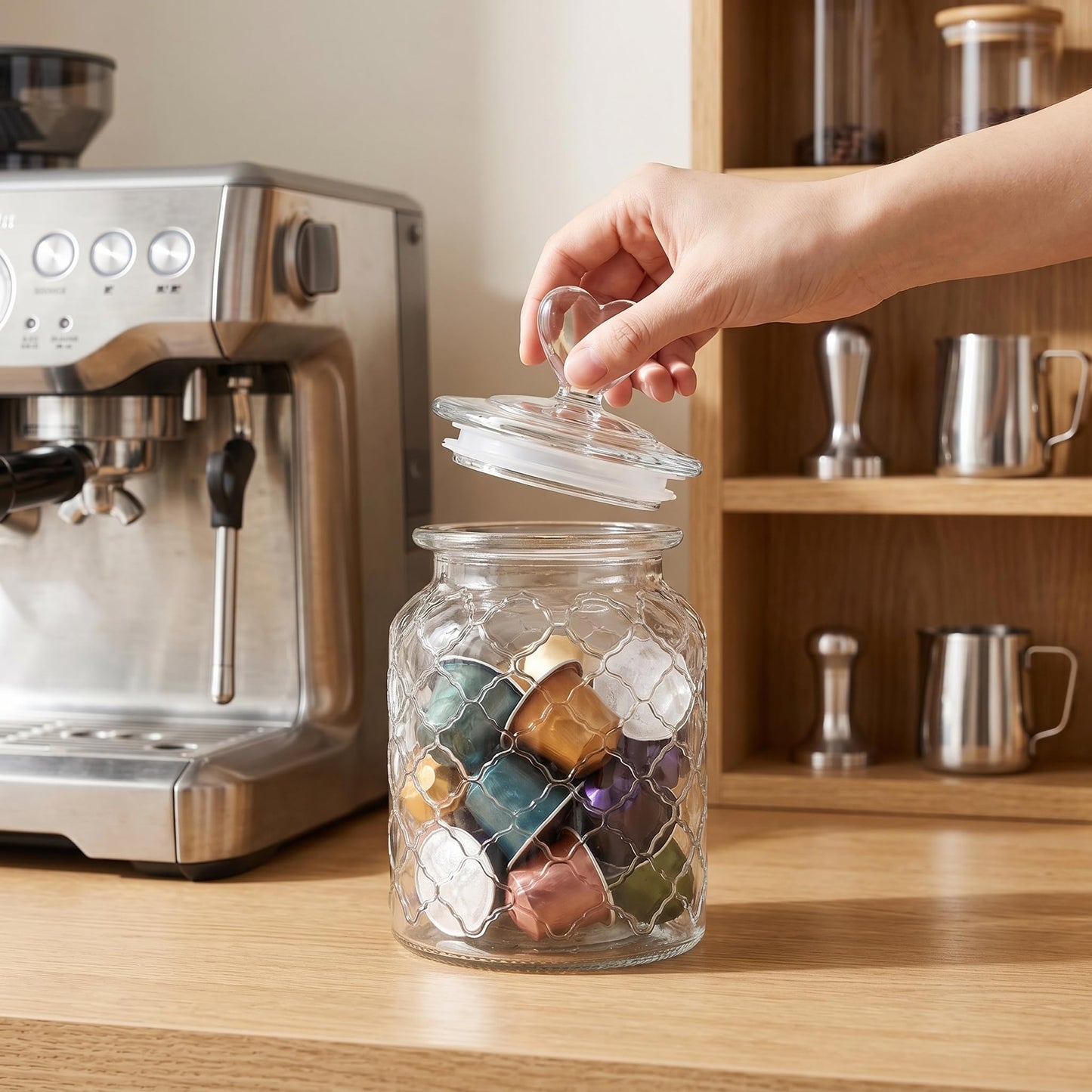 Hiceeden Set of 3 Cute Glass Jars with Airtight Lids, Candy & Cookie Food Storage Containers with Heart-shaped Handle, Glass Canister with Grid Texture for Coffee Beans, Flour, Sugar, 22/32/45oz