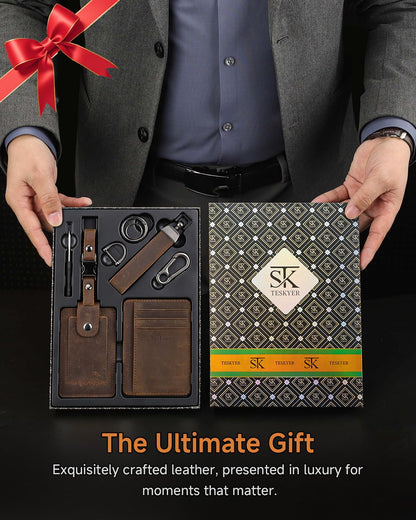 Teskyer Leather Gifts for Men, Premium Leather Gift Set with Slim Wallet, Travel Luggage Tag & Car Keychain, Elegant Gift Box for Father's Day, Birthday, Anniversary, Retirement & Graduation - Coffee