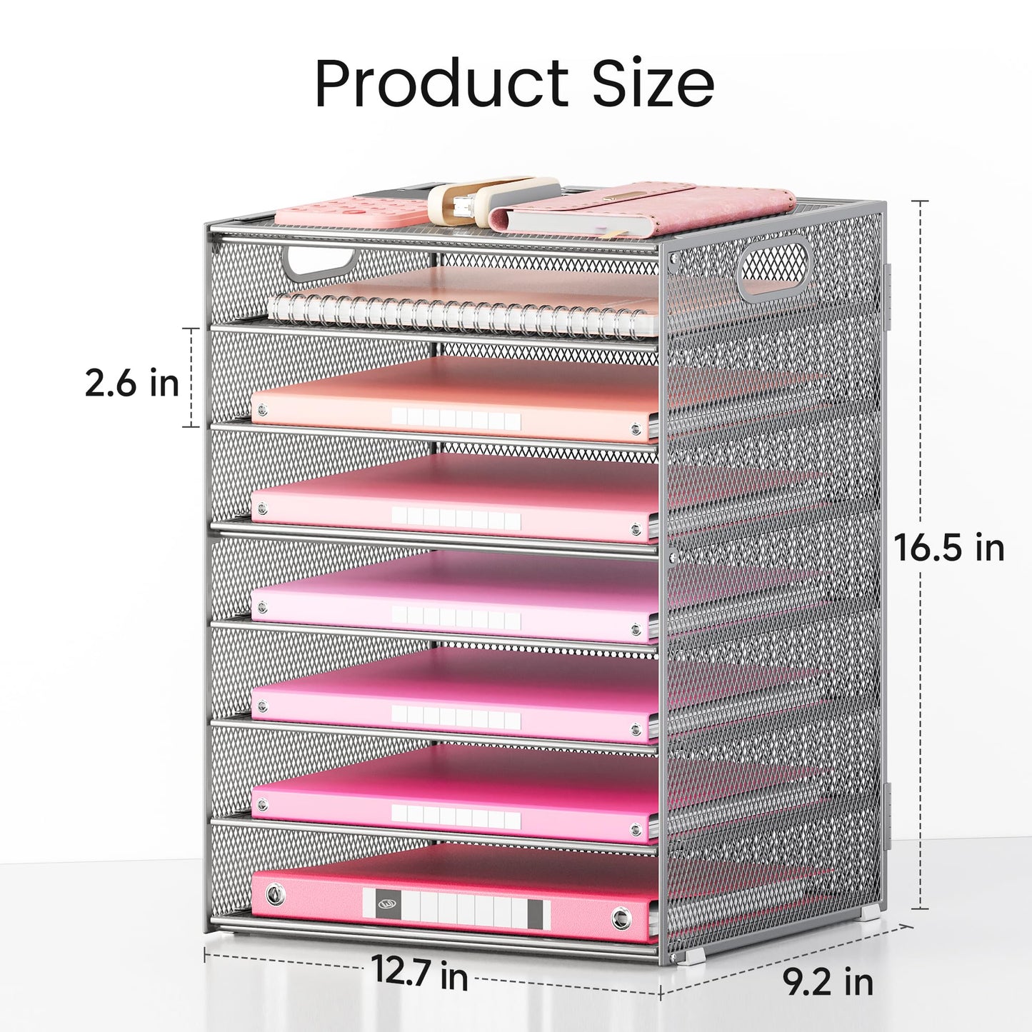 Lavatino 2 Pack 8-Tier Office Desk File Organizer, Letter Tray Paper Organizer with Handle, Including 5 Adjustable Slide Trays for Organizing Desk Workspace Accessories and Supplies (Silver Mesh)