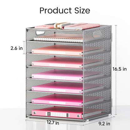 Lavatino 8-Tier Office Desk File Organizer, Letter Tray Paper Organizer with Handle, Including 5 Adjustable Slide Trays for Organizing Desktop Workspace Accessories and Supplies (Silver Metal Mesh)