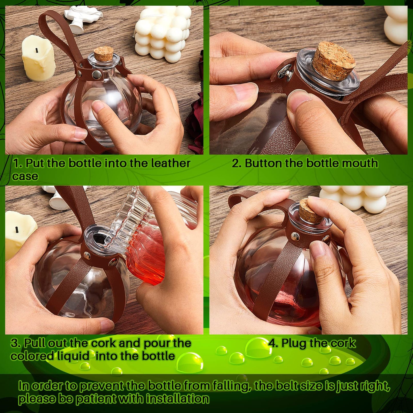 Patelai 2 Pcs Halloween Glass Potion Bottles with Belt Cork Renaissance Witch Costume Accessories Witch Props Potion Bottle for Halloween Party Decor Cosplay DIY Crafts Gift (Brown)
