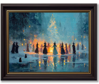 Vbaourut Framed Halloween Witch Wall Art, Magical Coven Canvas Painting, Spooky Forest Poster with Dark Brown Frame and Upgraded Hook and Loop for Living Room, 12x16 in