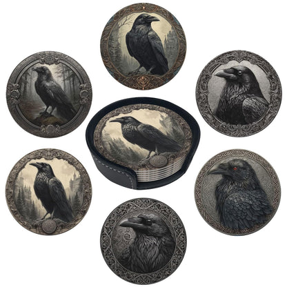 sunwarshile Raven Coasters for Drinks with Holder Round Leather Coasters Set of 6 Cups Mugs Mat Pad for Home Kitchen Bar