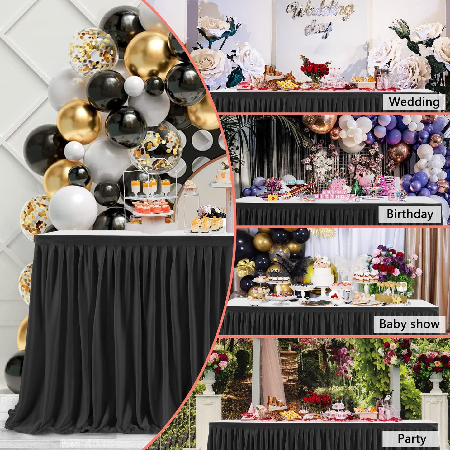 5ft Table Skirts for Rectangle Tables, Pleated Table Cloth for Black Theme Wedding Halloween Chirstmas Baby Shower 1st Baby Girl Birthday Party Decorations Banquet Buffet Gender Reveal