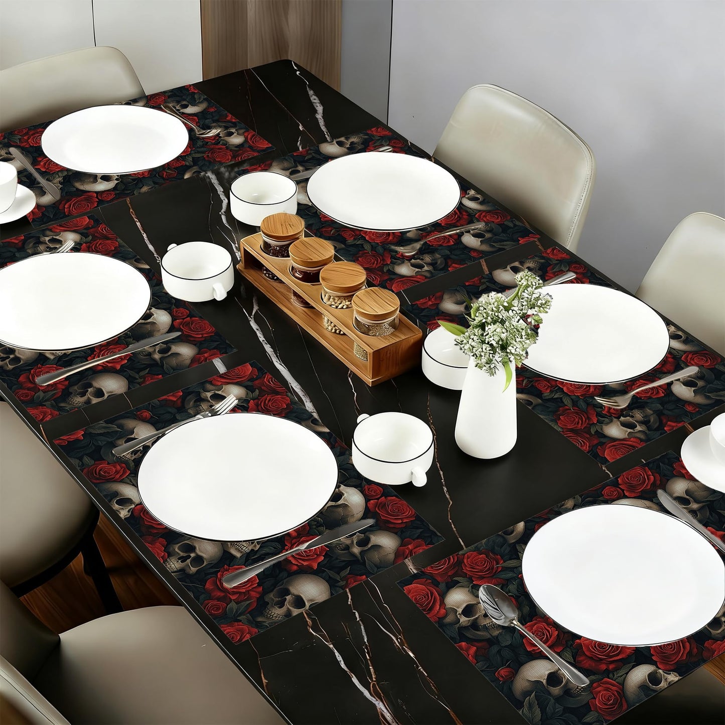 Cloth Placemats,Gothic Skull Fabric Placemats Set of 6,Washable Halloween Red Rose Flower Table Mats,Decorative Place Mats for Dining Home Kitchen Holiday Party 11.8x17.7 Inch