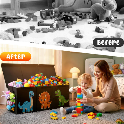 Extra Large Collapsible Toy Box Chest, Sturdy Dinosaur Toy Storage Organizer with Lids, 40"x16"x14", Toy Box for Boys Girls, Cute Kids Bin Baskets for Living Room, Playroom, Nursery, Bedroom, Black