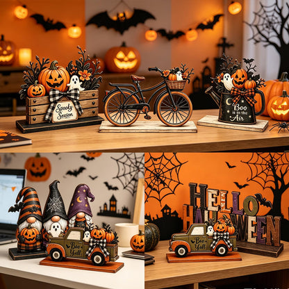 6 Pieces Halloween Decor Hello Halloween Table Topper Signs Spooky Pumpkin Ghost Gnome Truck Tiered Tray Centerpiece Farmhouse Halloween Wooden Tabletop Decorations for Indoor Home Kitchen Party