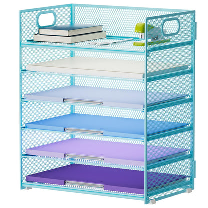 Marbrasse 6 Tier Paper Organizer Letter Tray - Mesh Desk File Organizer with Handle, Paper Sorter for Letter/A4 Office File Folder Holder -Blue