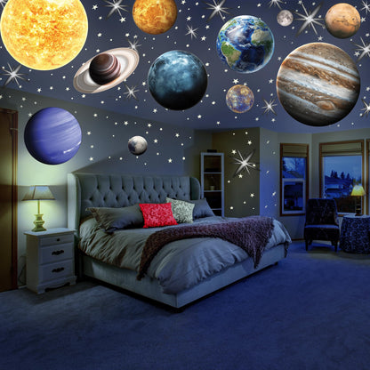 MAFOX Glow in The Dark Planets, Bright Solar System Wall Stickers -Sun Earth Mars and so on,9 Glowing Ceiling Decals for Bedroom Living Room,Shining Space Decoration for Kids for Girls and Boys