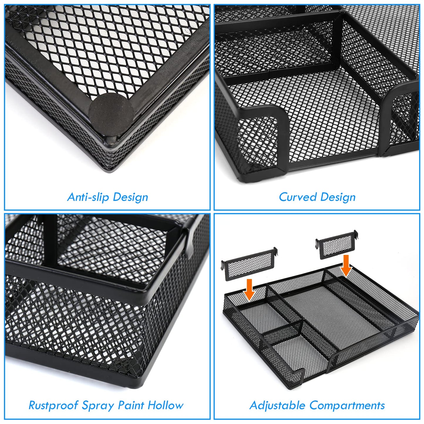 EsOfficce Desk Drawer Organizer Tray with Adjustable Compartments, 6 Grid Metal Mesh Drawer, Multi-use Desk Organizer Storage Box Set for Office,Home,School Supplies, 12.6X9X1.9 inch