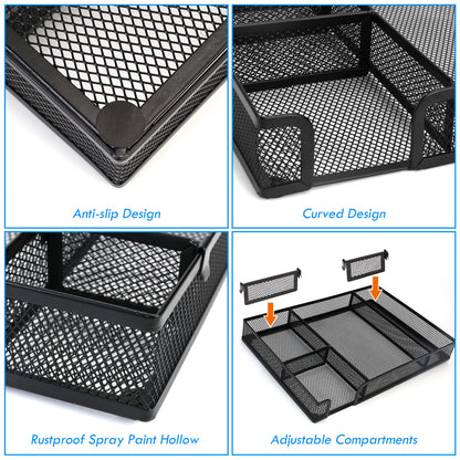 EsOfficce Desk Drawer Organizer Tray with Adjustable Compartments, 6 Grid Metal Mesh Drawer, Multi-use Desk Organizer Storage Box Set for Office,Home,School Supplies, 12.6X9X1.9 inch